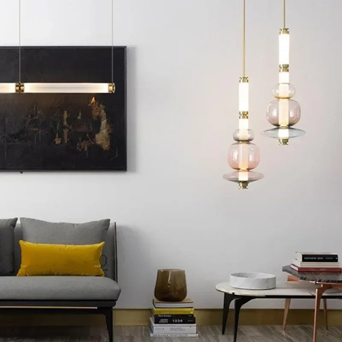 Glass Orb Linear Pendant Light Prismova — multiple bars composition in interior