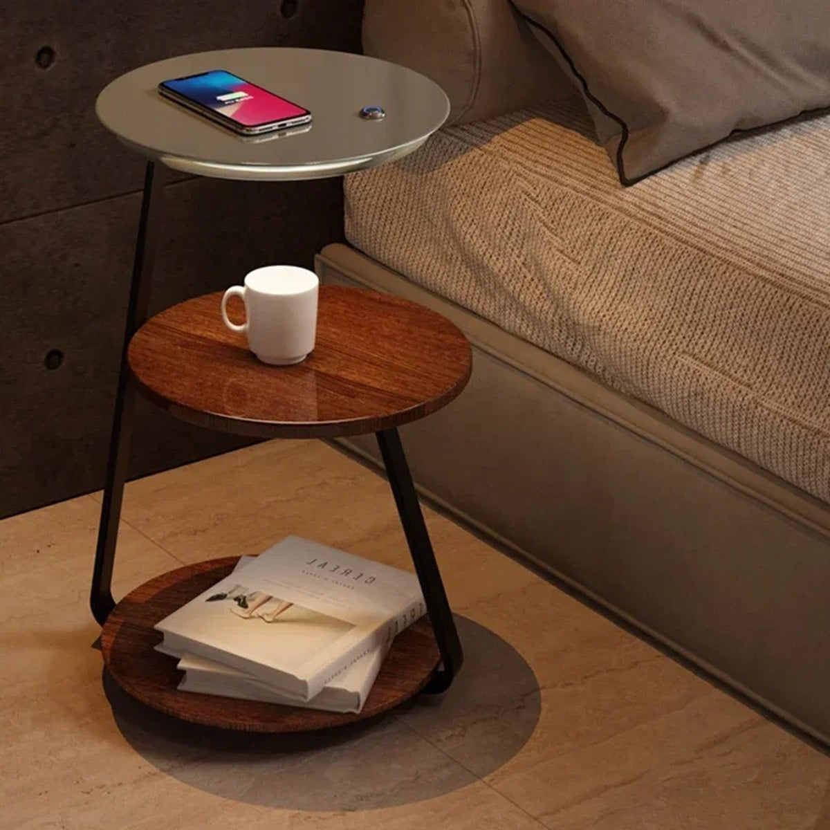 Tiered Wood & Iron Side Table Lamp Lingerith – Bedside Detail