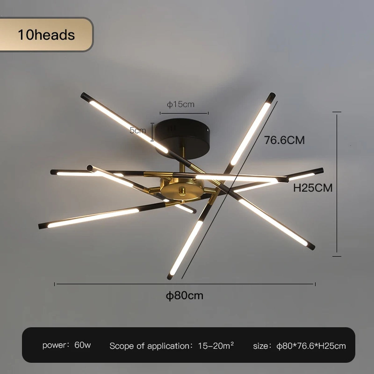 Solendra Black 10 Heads dimension diagram, 80cm diameter