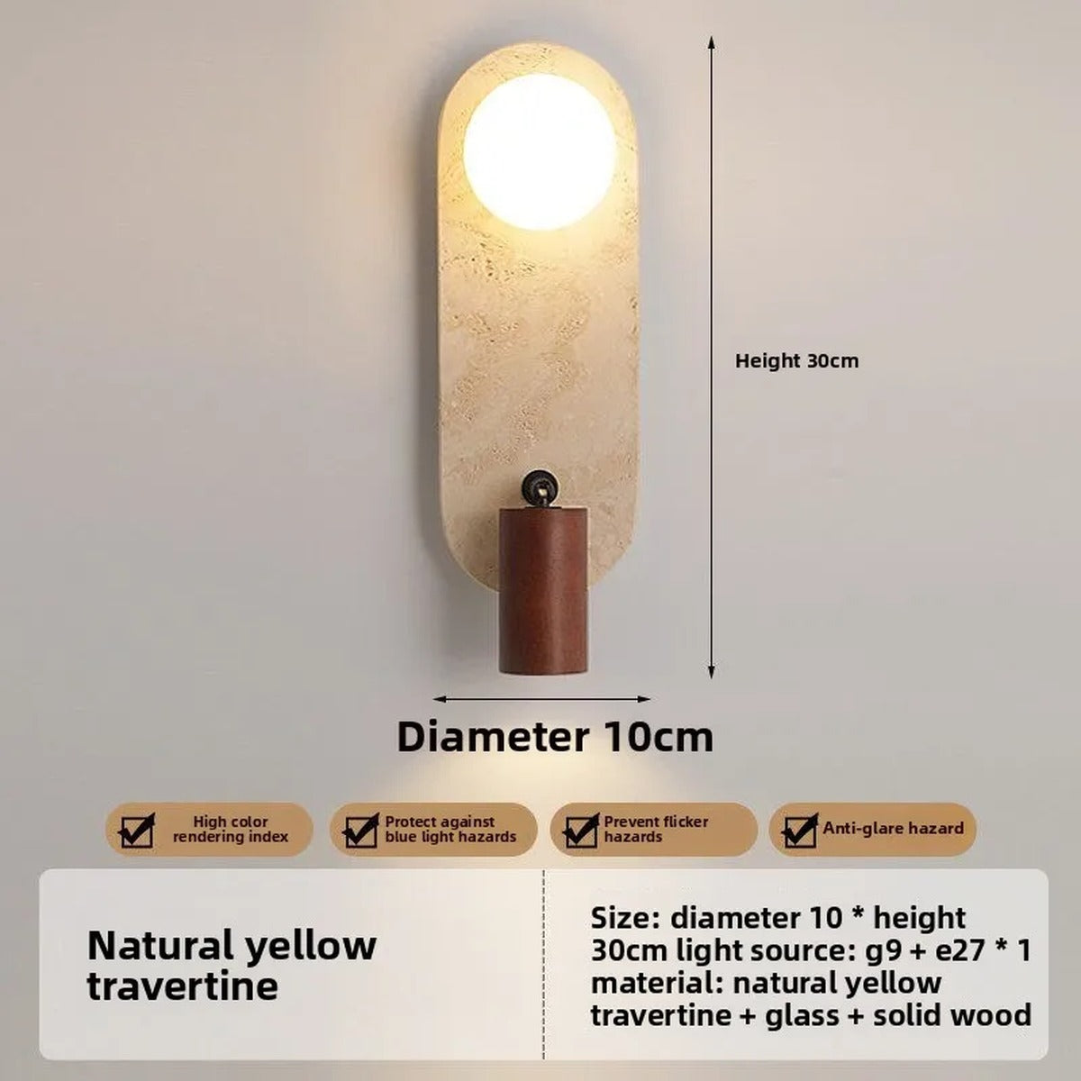 Travertine Wall Sconce Medivorn – Oval D10cm, Walnut