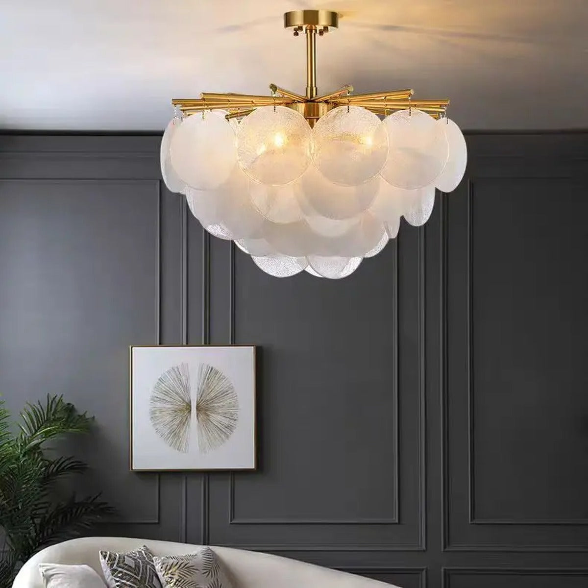 Gold Frame Frosted Glass Disc Chandelier – Harken – Lifestyle View 3