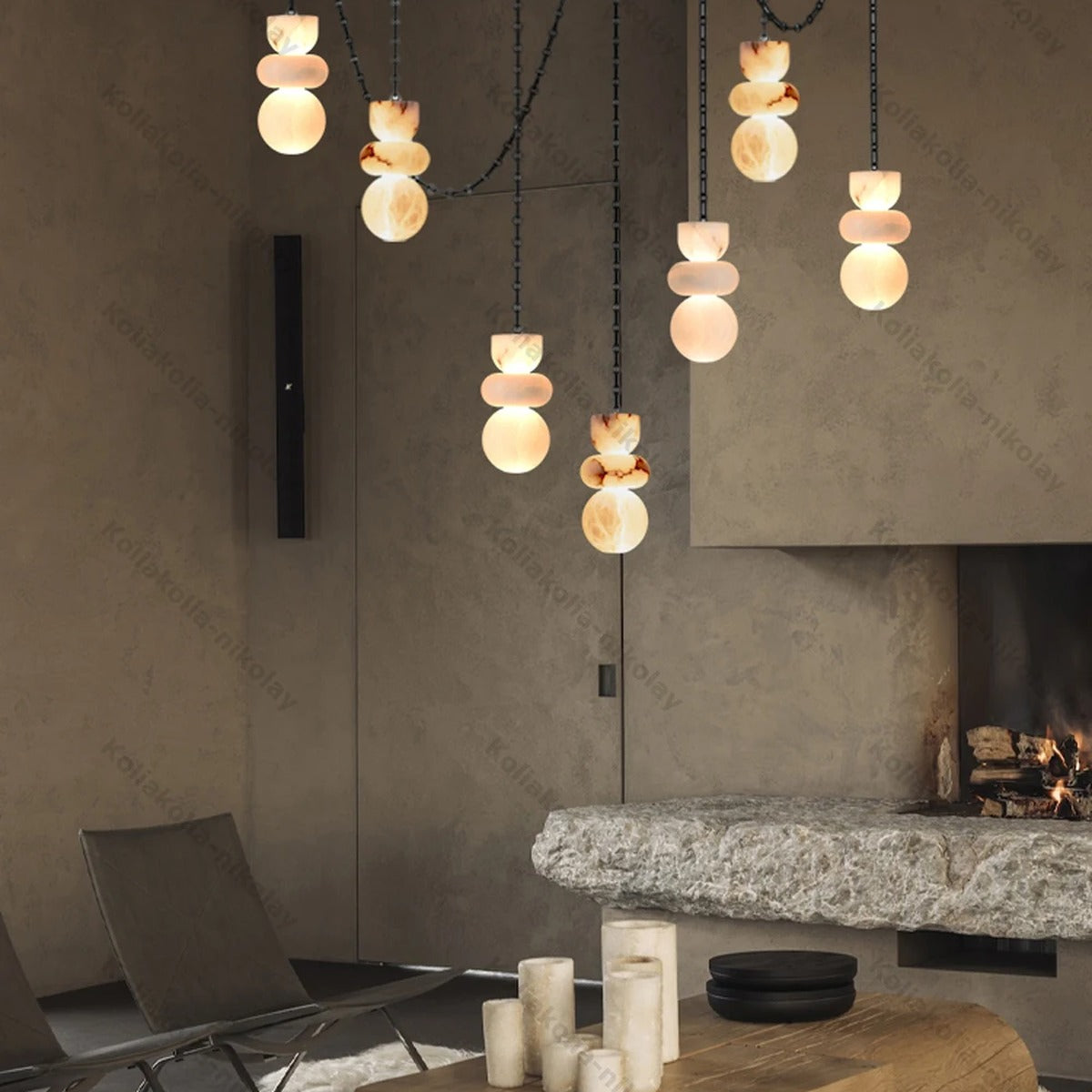 Stacked Alabaster Pebble Chain Pendant Light – Urven – Lifestyle View 4