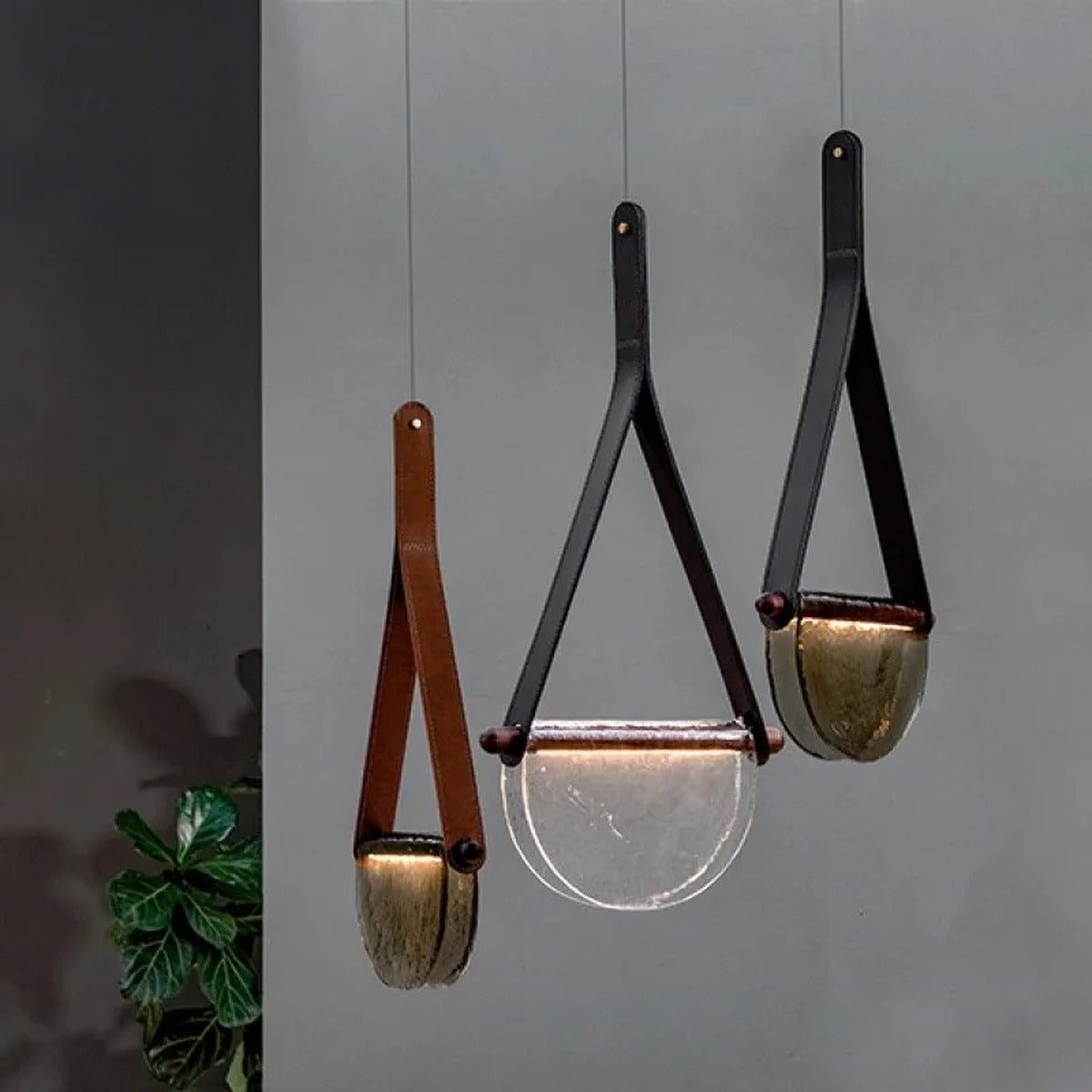 Leather Strap Handblown Glass Bowl Pendant Light – Stilren – Lifestyle View 3