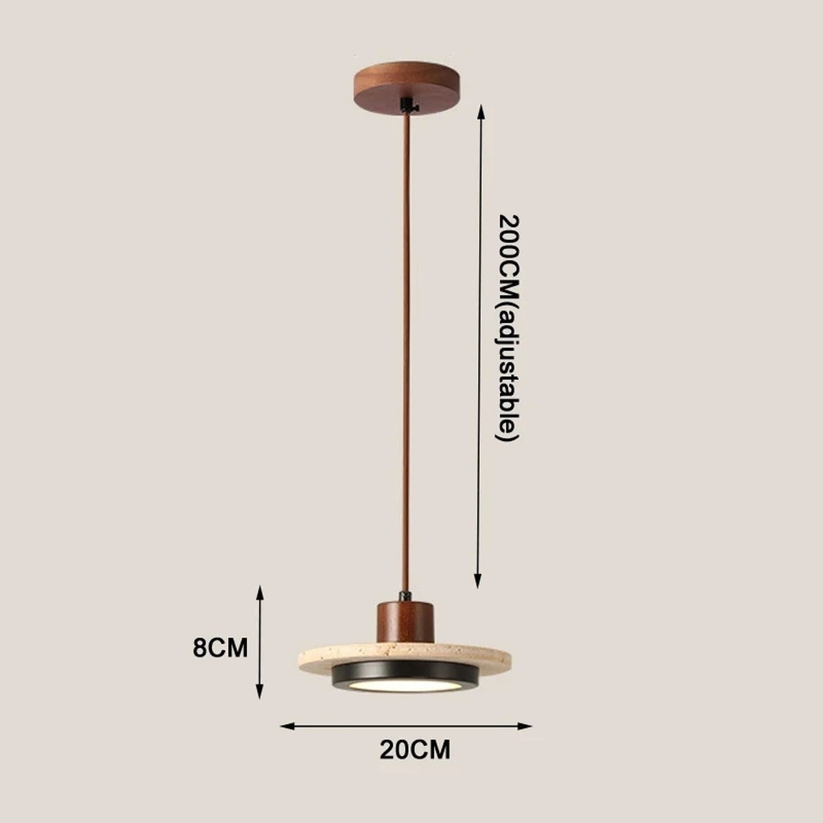 Terravox Travertine Pendant Light — dimensions diagram, Ø20cm x H8cm, 200cm adjustable cord