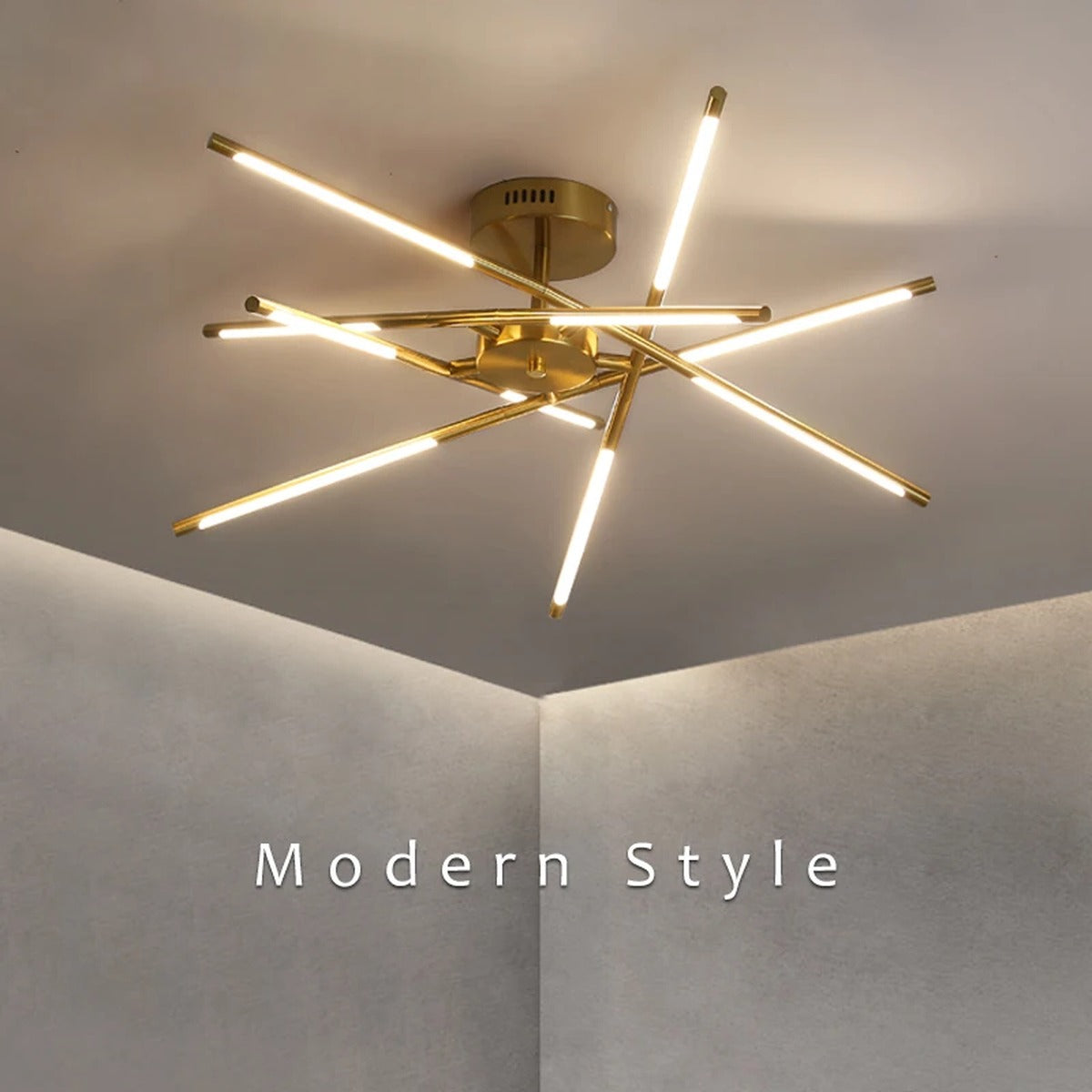 Solendra black and gold starburst chandelier, angled view