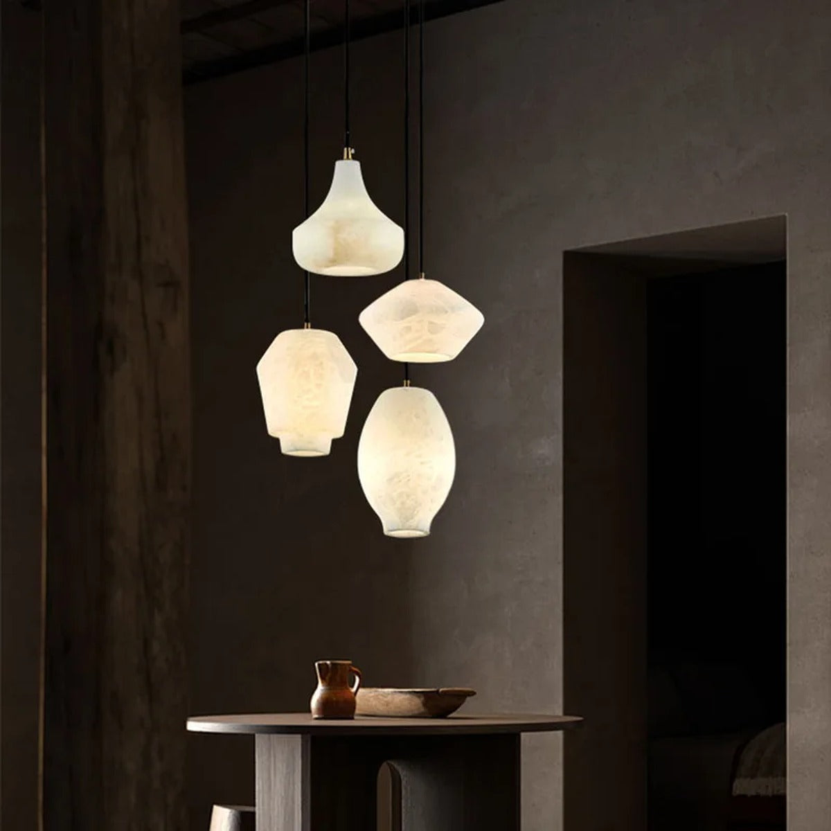 Sculptural Carved Marble Pendant Light – Sarvenith – Lifestyle View 1