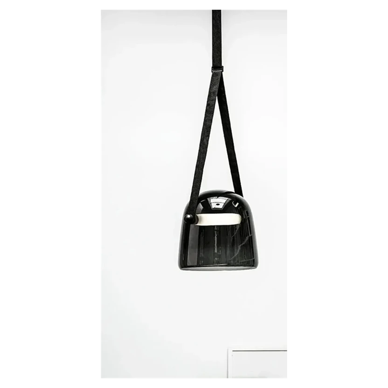 Elorvix pendant light, black glass shade with black leather strap