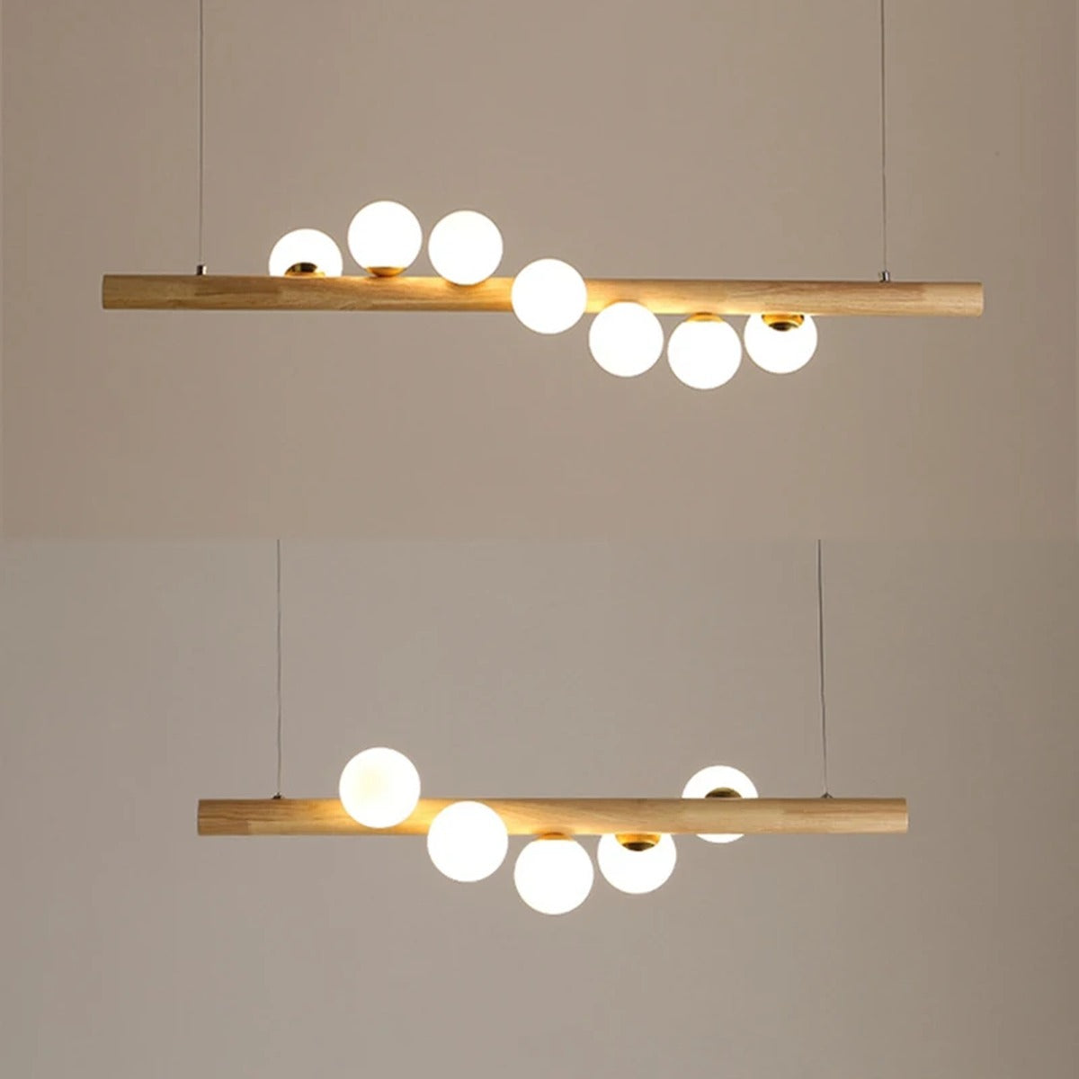 Staggered Glass Orb Wood Beam Chandelier – Orbison – Lifestyle View 4