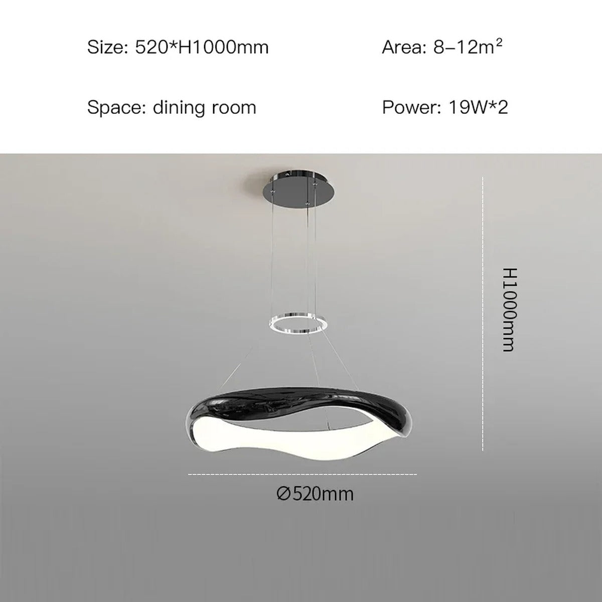 Sculptural Wave-Ring LED Pendant Light Orivaux — Black 52cm