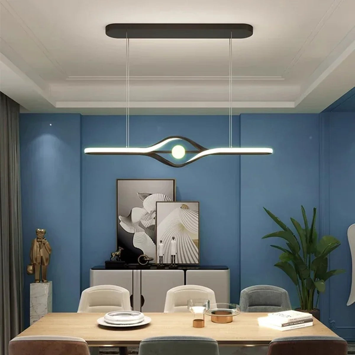 Ondara sinuous wave linear LED pendant light — kitchen island view