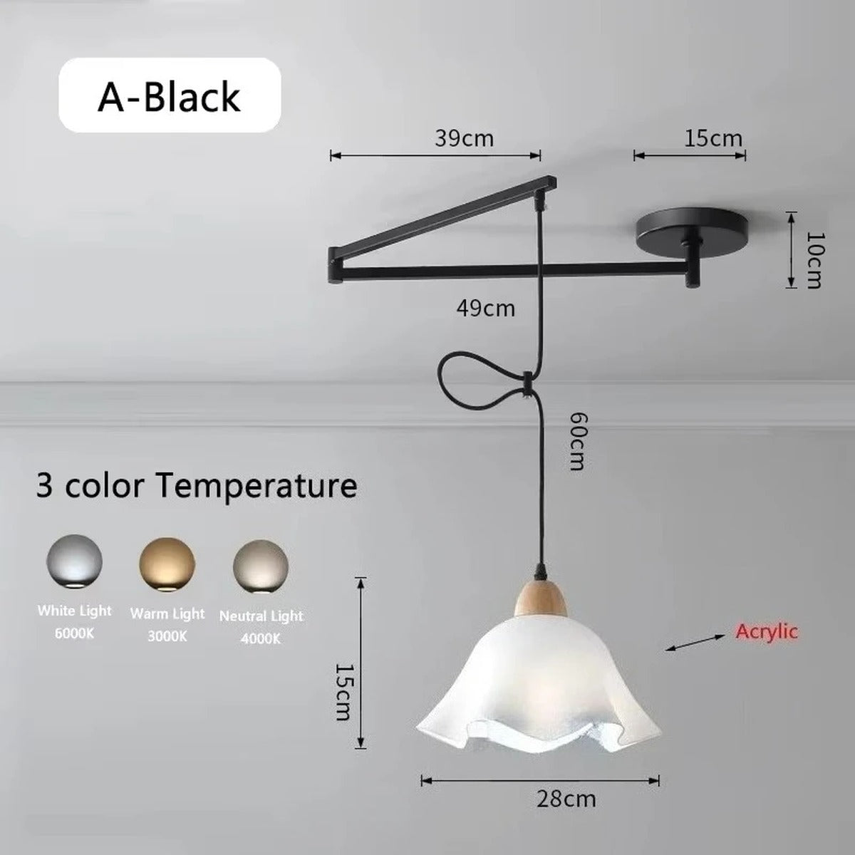 Swing-Arm Pendant Light – Galrex – Classic shade in black, dimensions and finish