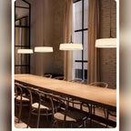 Slender Stem Flat Drum Pendant Light – Walvorn – row of pendants above a dining table