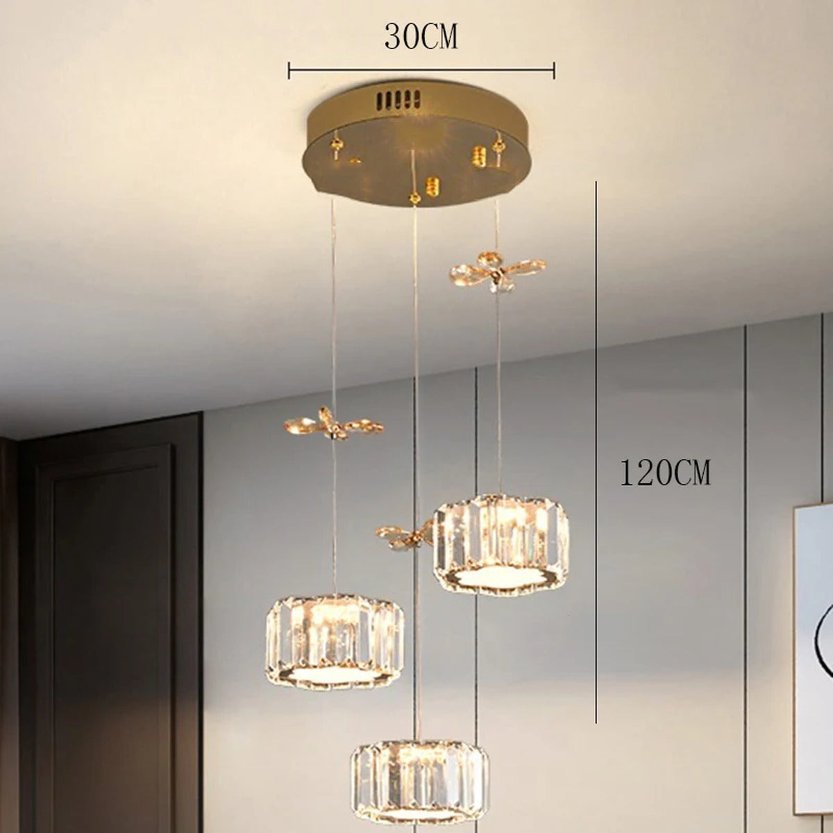 Spiral Crystal Cascade Staircase Chandelier Xelvara – 3 Heads Round