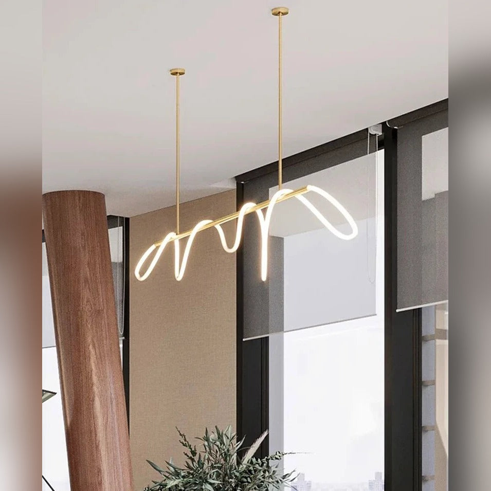 Delvoria sculptural LED pendant light in brushed gold, Circle mount, dining room