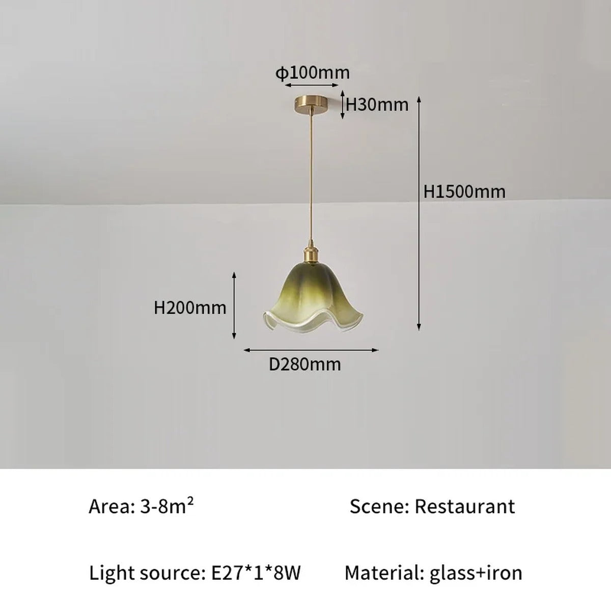 Florvane ombré glass pendant light, Sage Green, single