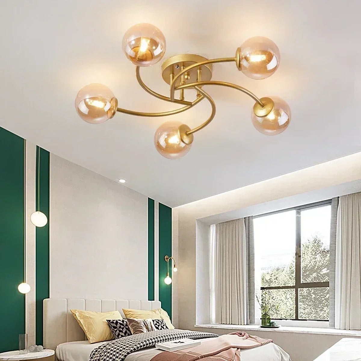 Curved Arm Glass Globe Ceiling Light – Orivex – Hero Shot