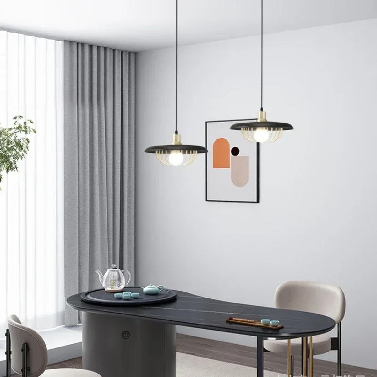 Wood Disc & Brass Wire Cage Pendant Light – Belvora – Lifestyle View 2