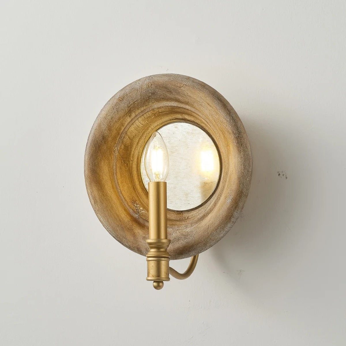 Carved Wood Disc Candle-Style Wall Sconce – Kaelorn – Lifestyle View 2