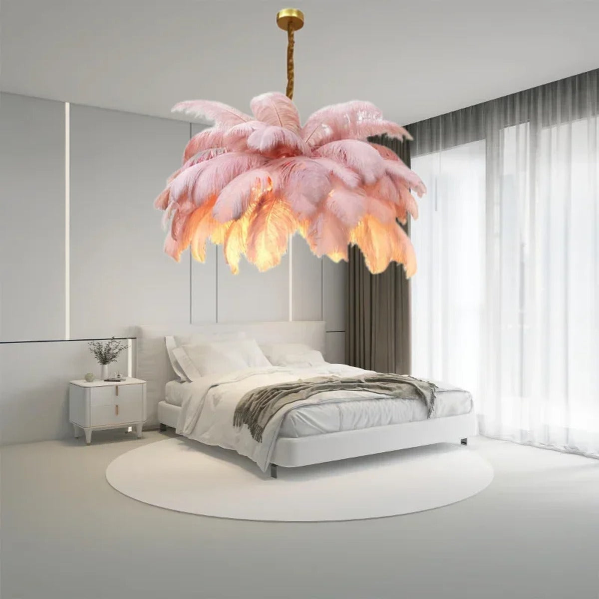 Ostrich Feather Statement Chandelier – Plumaire – Pink, Bedroom Lifestyle