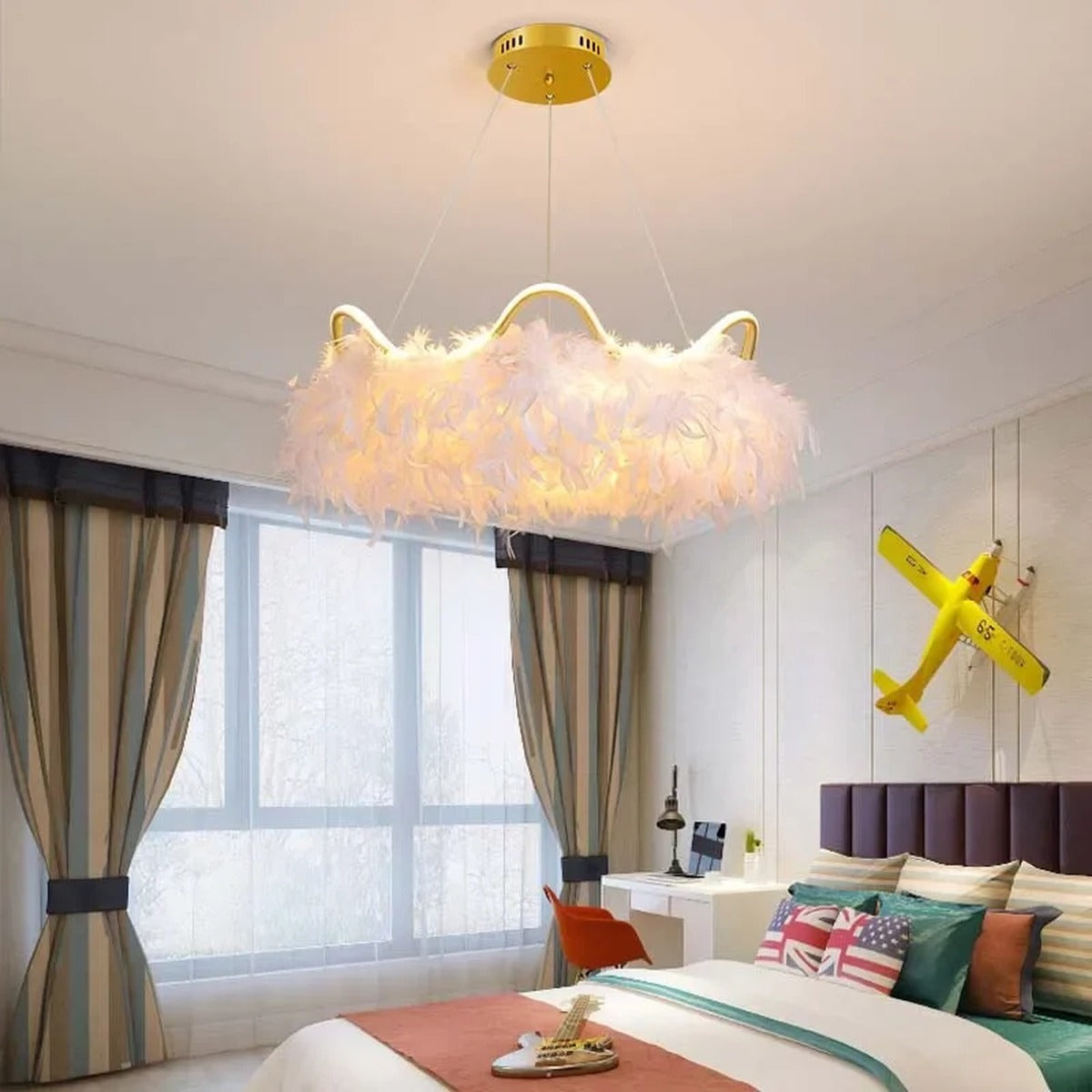 Jevon — bedroom installation above bed creating soft feather canopy glow