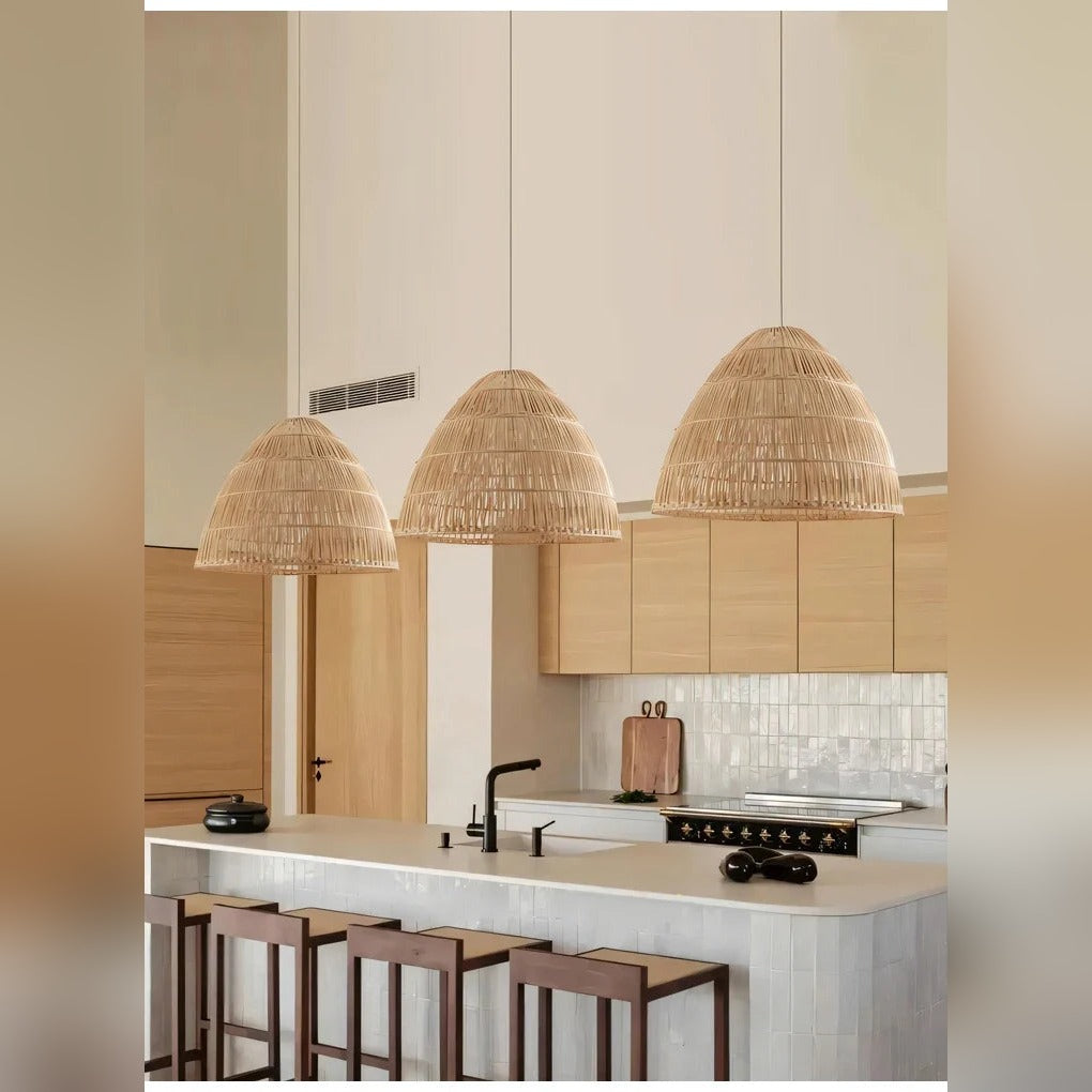 Htaeloria woven bamboo pendant lights over kitchen island bar