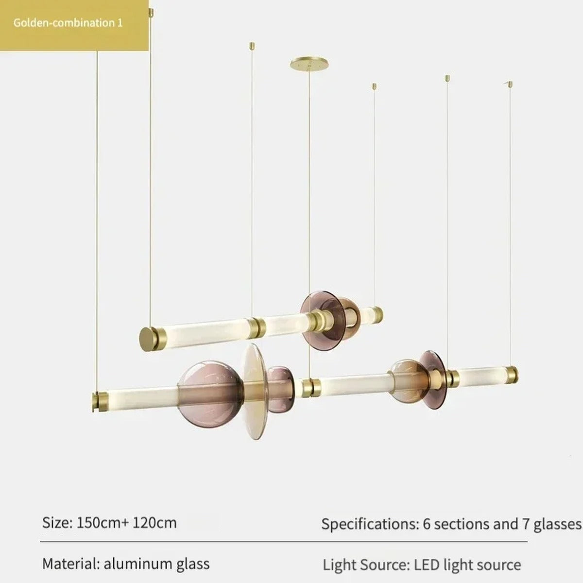 Glass Orb Linear Pendant Light Prismova — Style A — Gold, 150+120cm set