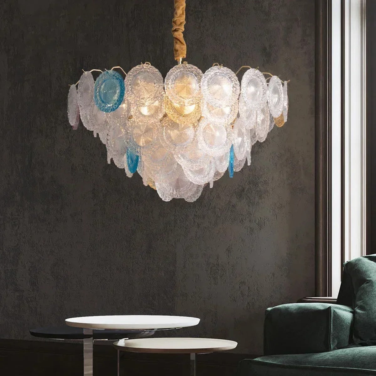Iridescent Glass Shell Fan Tiered Chandelier – Frostveil – Lifestyle View 3
