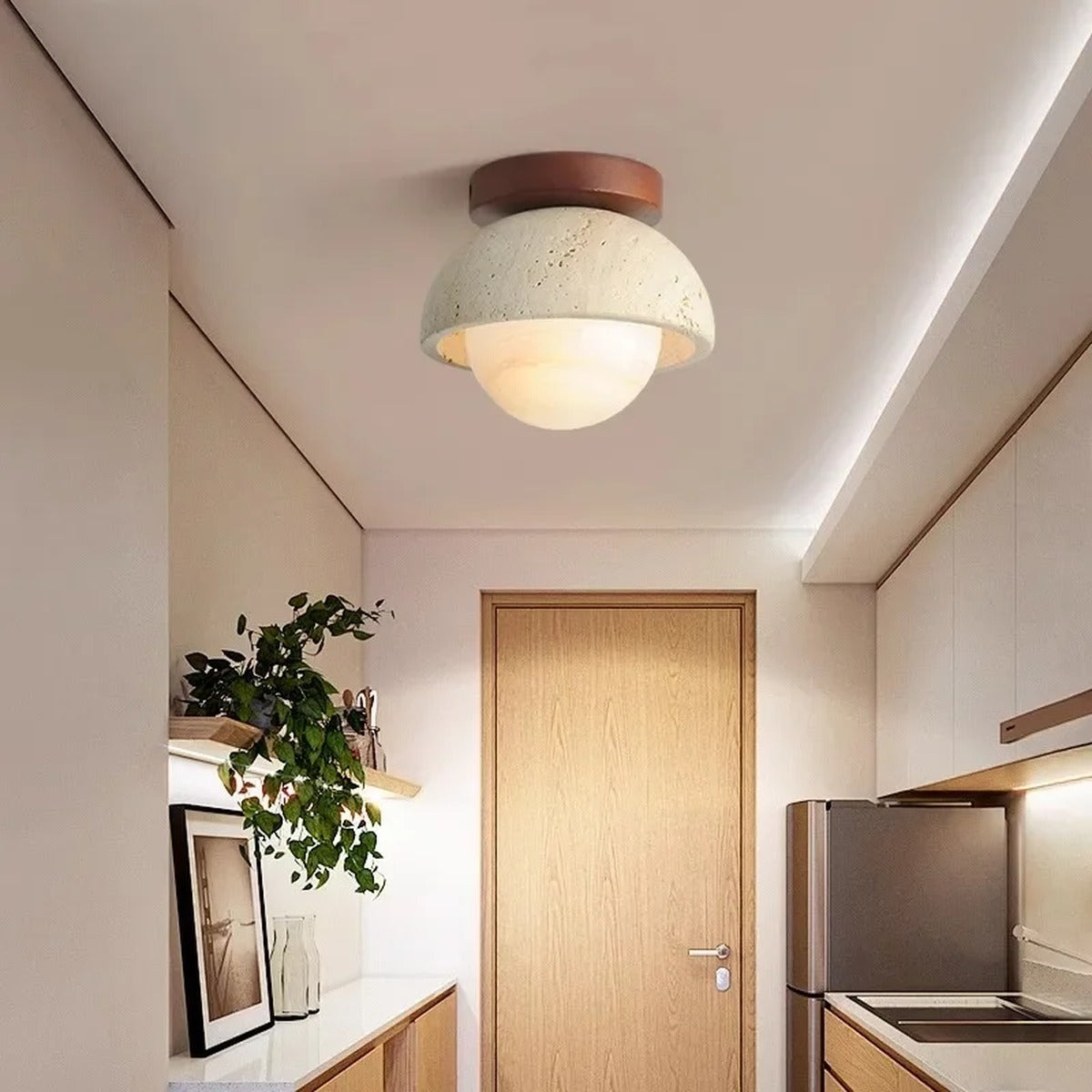 Travertine Flush Mount Ceiling Light Travonis – Lifestyle View, Kitchen Hallway