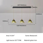 Florvane ombré glass pendant light, Sage Green, three-head dimensions