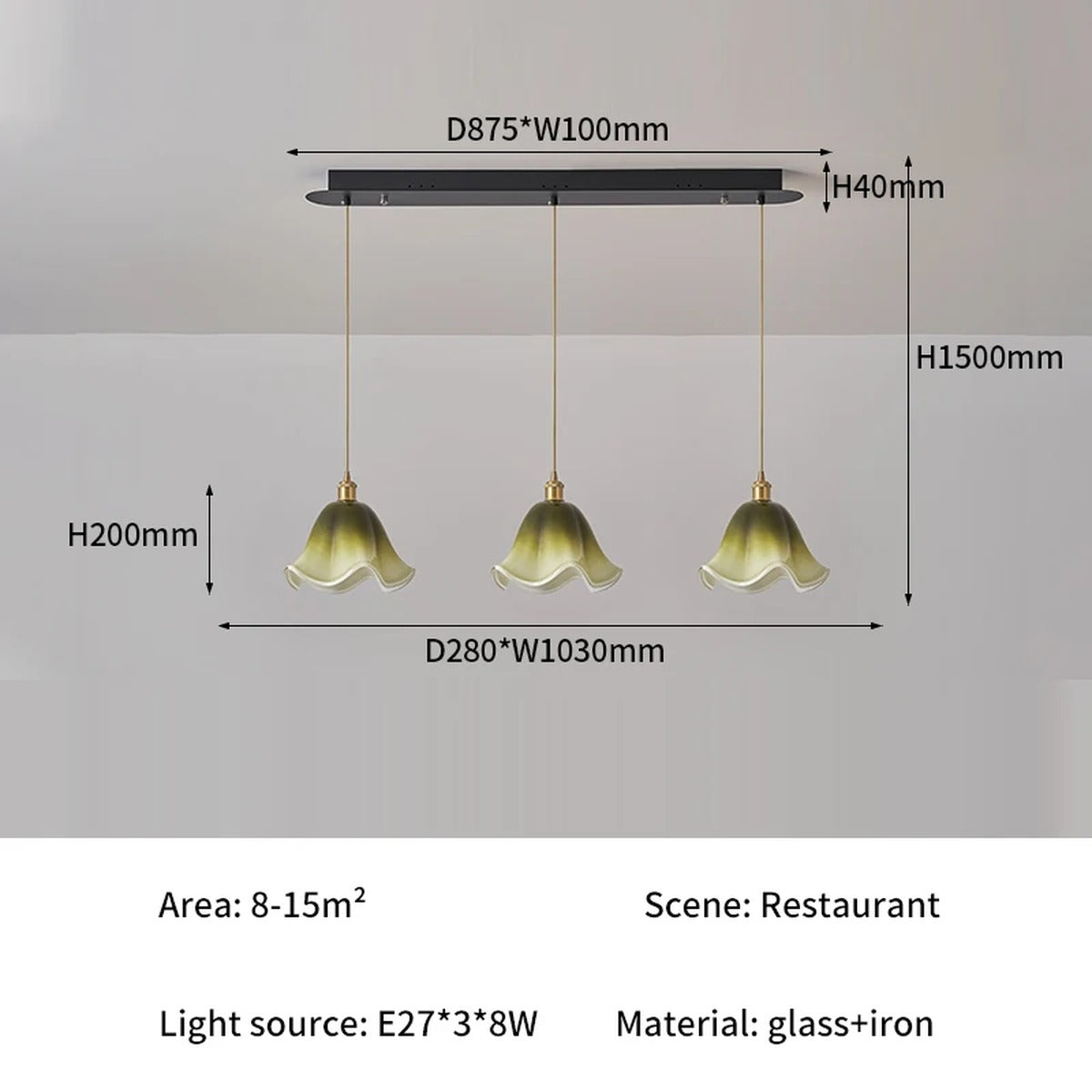 Florvane ombré glass pendant light, Sage Green, three-head dimensions