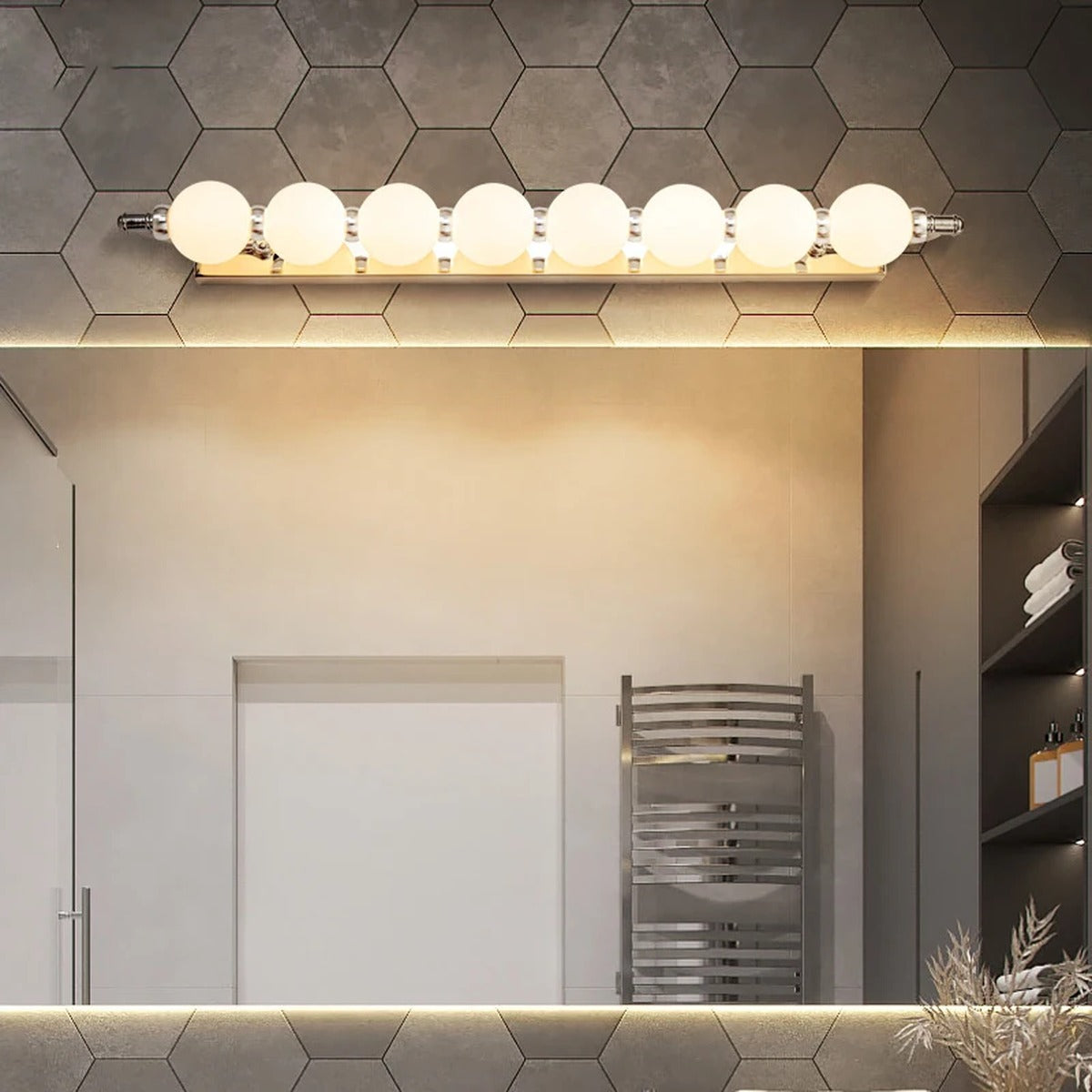 Zelinth chrome opal globe vanity bar — 8-globe version in modern hexagon-tile bathroom