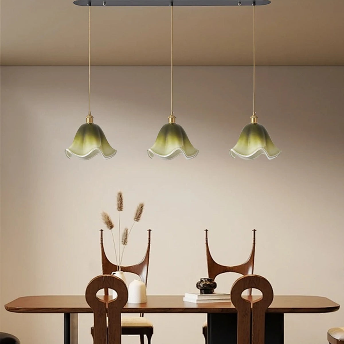 Florvane ombré glass pendant light, three-head, sage green