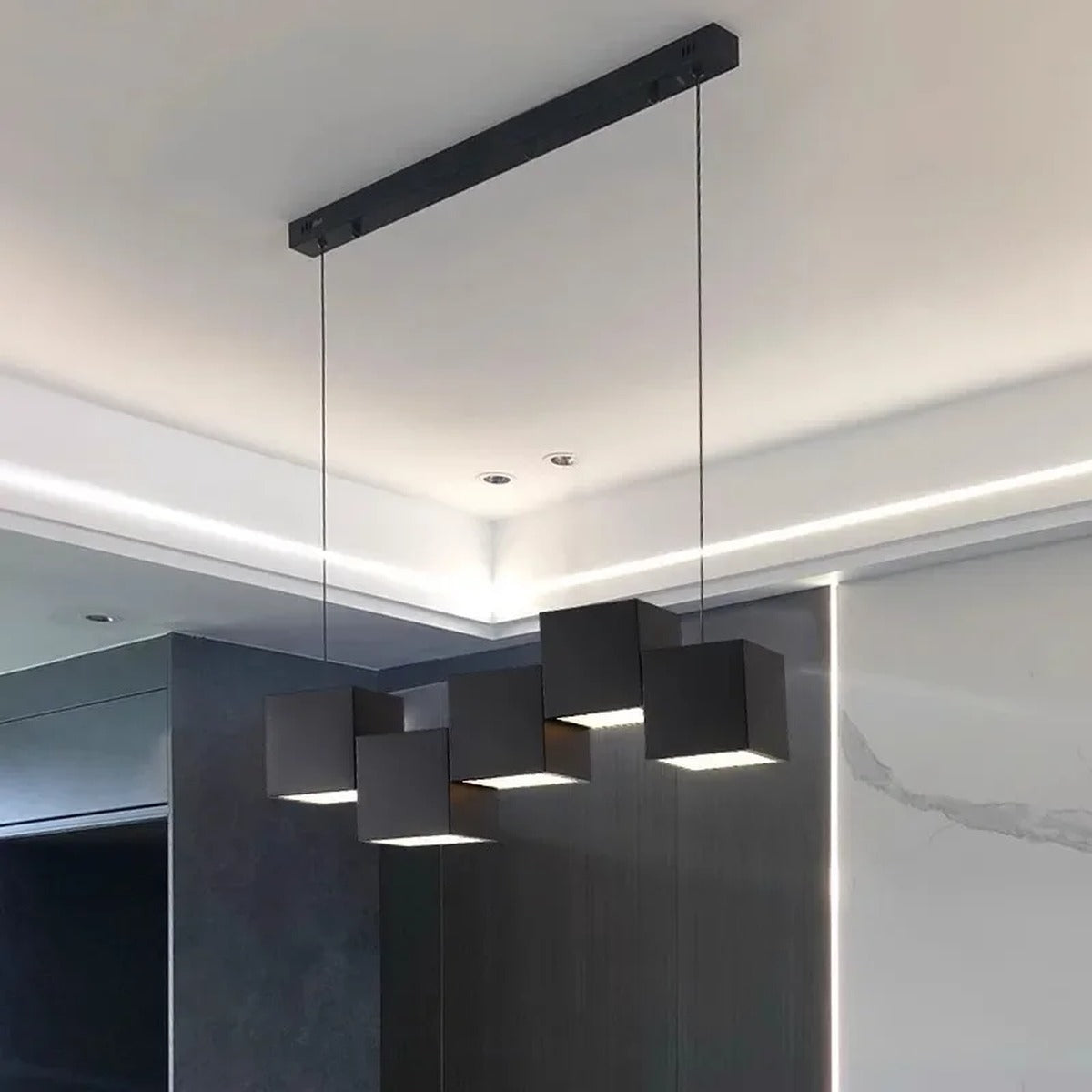 Evrixon cube pendant — close-up of matte metal finish and cable connection