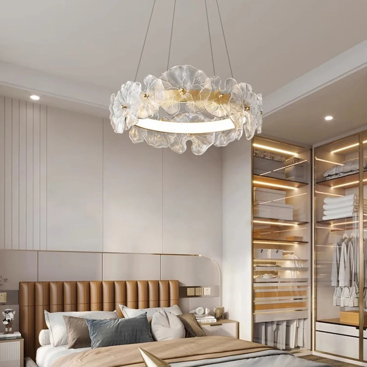 Florenza linear chandelier — bottom view showing petal arrangement and warm LED glow