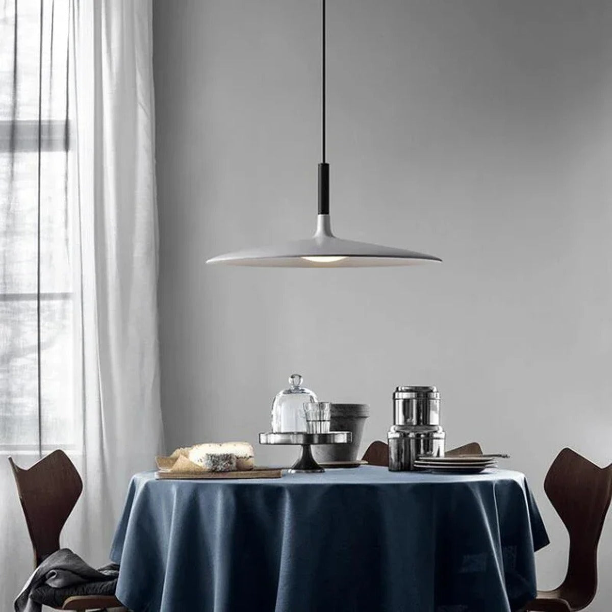 Wide Saucer Disc Pendant Light – Dolux – Lifestyle Over a Dining Table, Grey