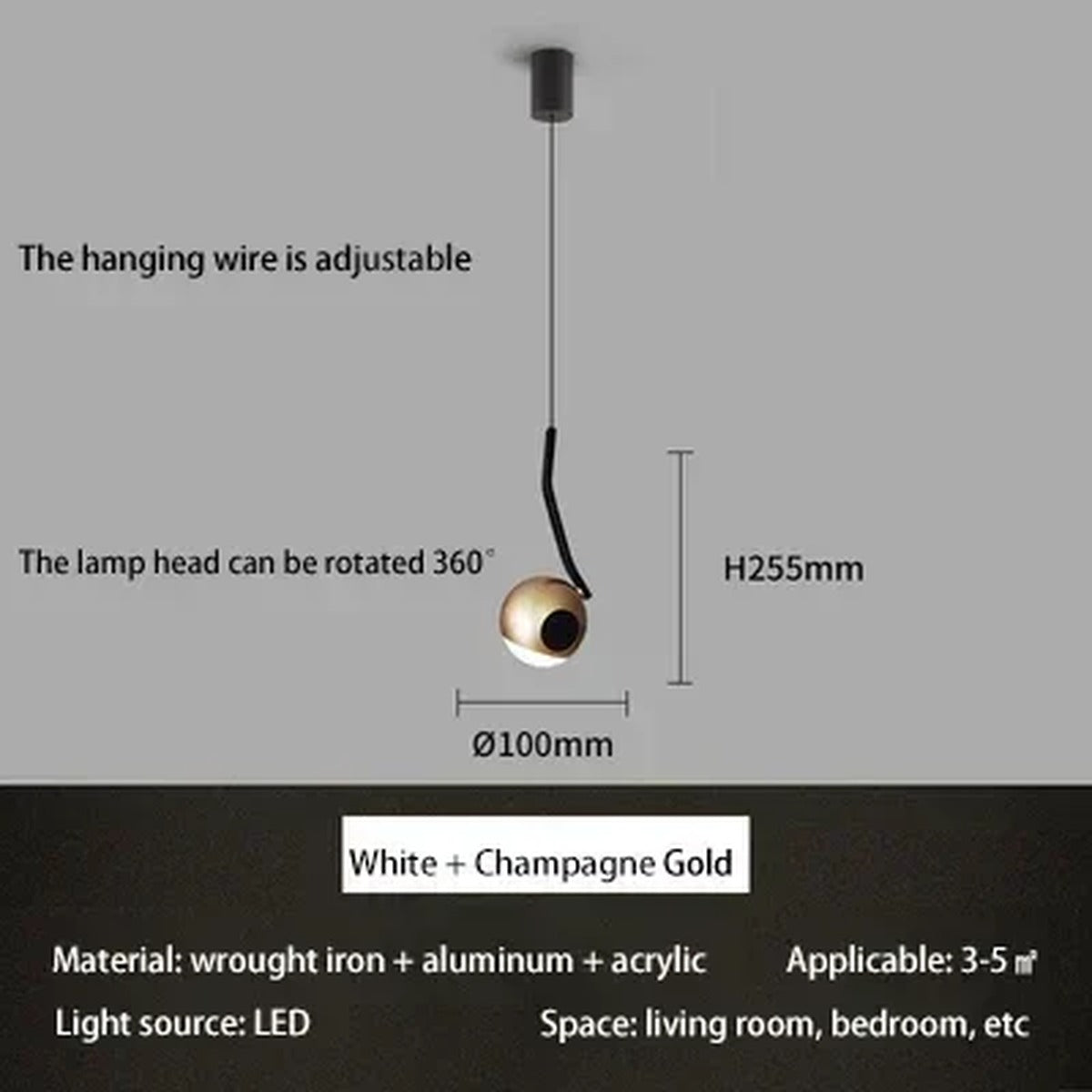 Wevonthal pendant light — White and Champagne Gold finish, dimensions
