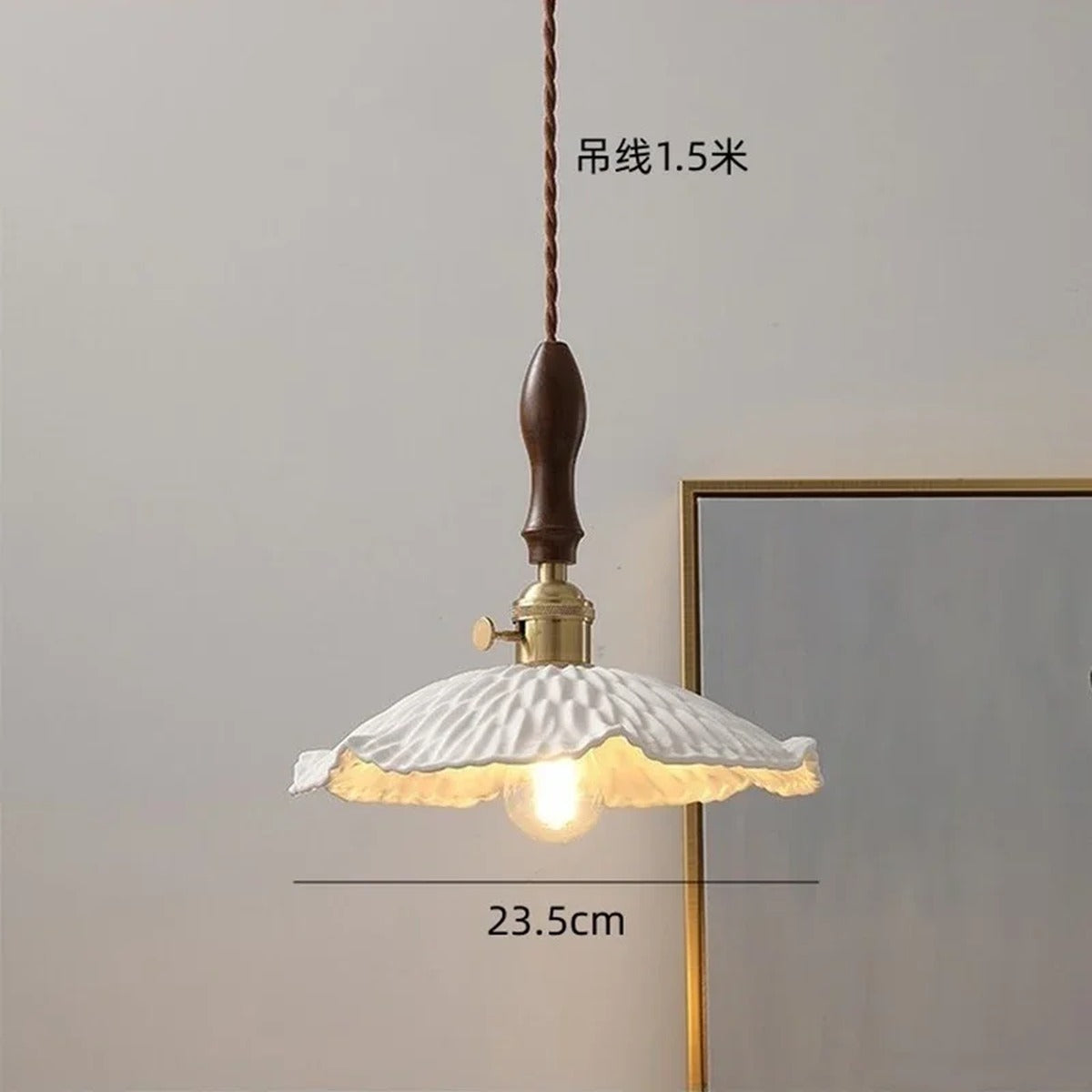 Cuprano fluted ceramic pendant light — Style Wavy Petal, Wood Grip, Ø23.5cm