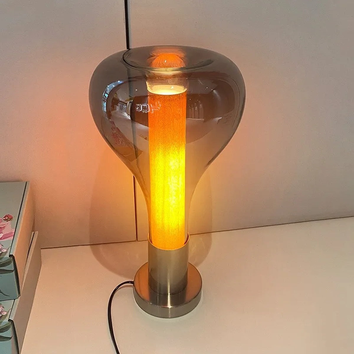 Smoked Glass & Wood Core Teardrop Pendant & Table Lamp – Meridax – Lifestyle View 3