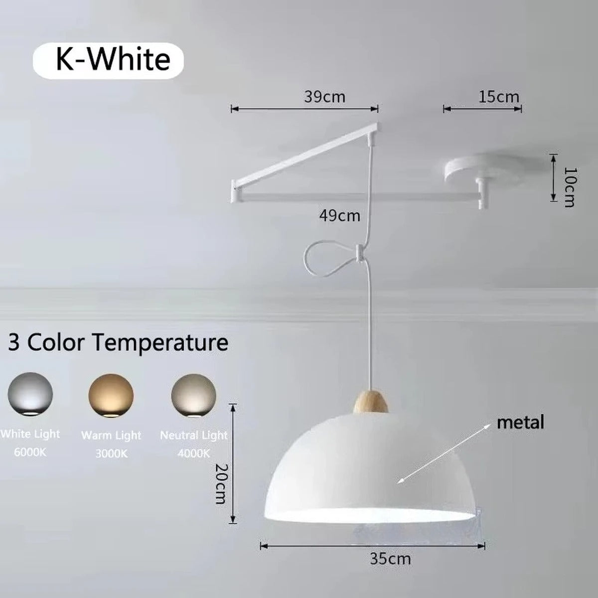 Swing-Arm Pendant Light – Galrex – Style K shade in white, dimensions and finish