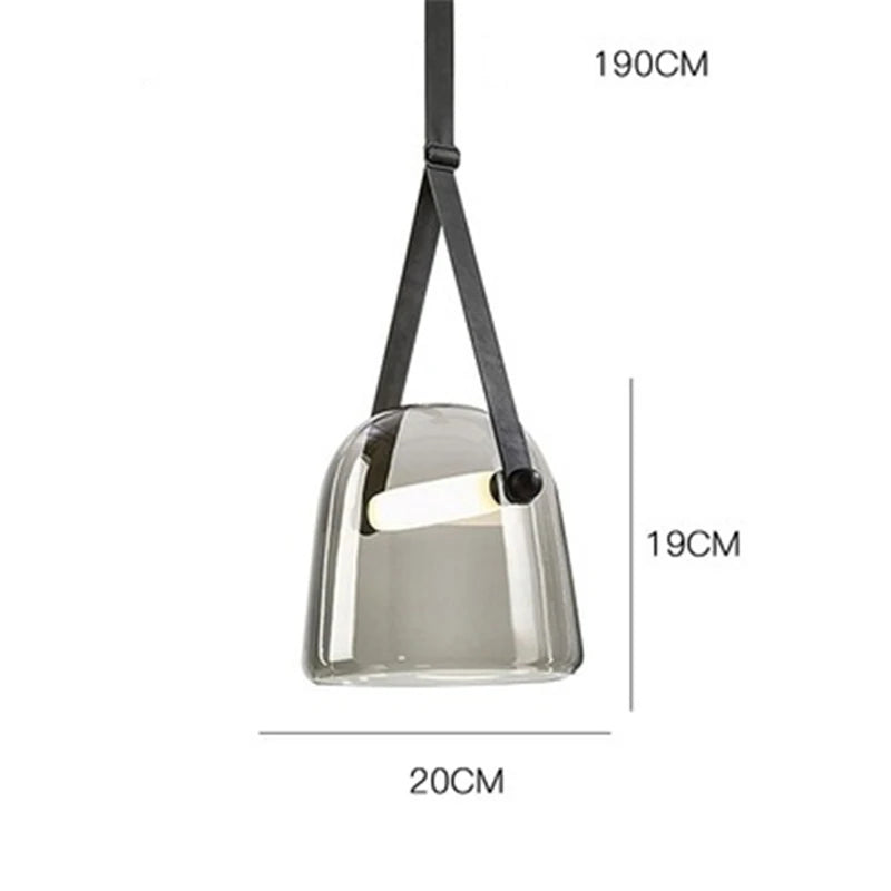 Elorvix pendant light, smoke gray glass shade, dimensions 20cm diameter x 19cm height, adjustable leather strap up to 190cm