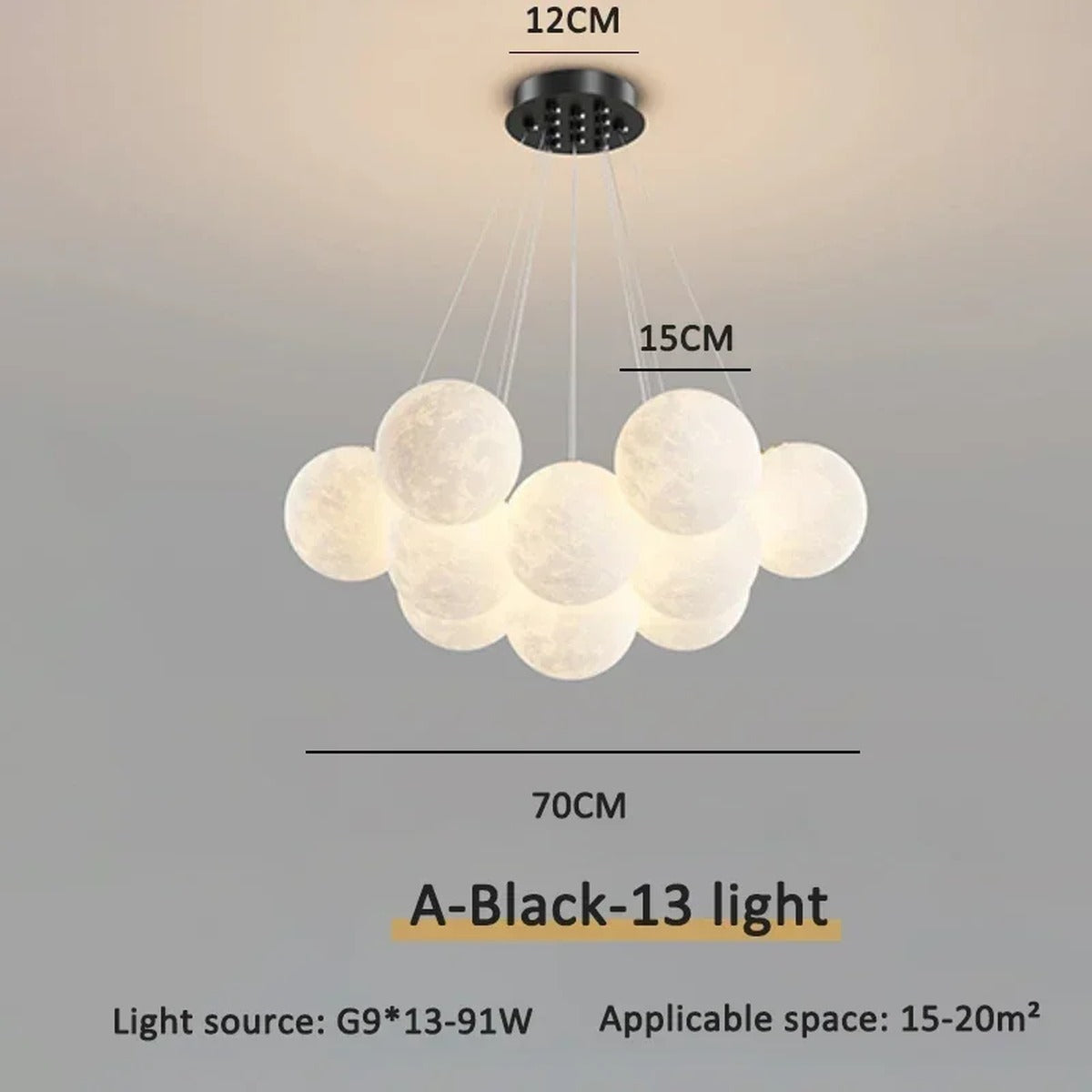 Cascading Moon Sphere Cluster Chandelier – Orineth – Black, 13-Light Ø15cm