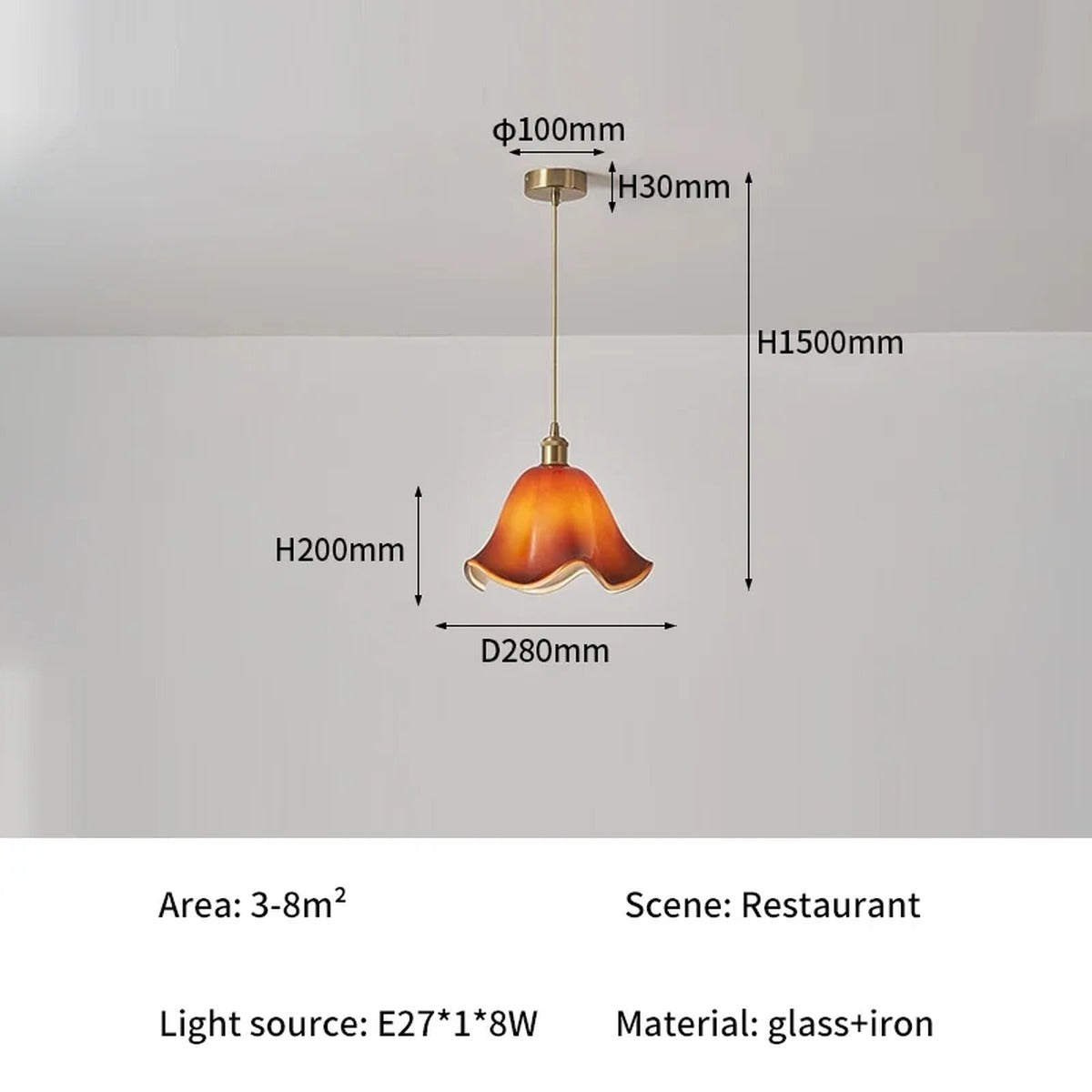 Florvane ombré glass pendant light, Amber, single