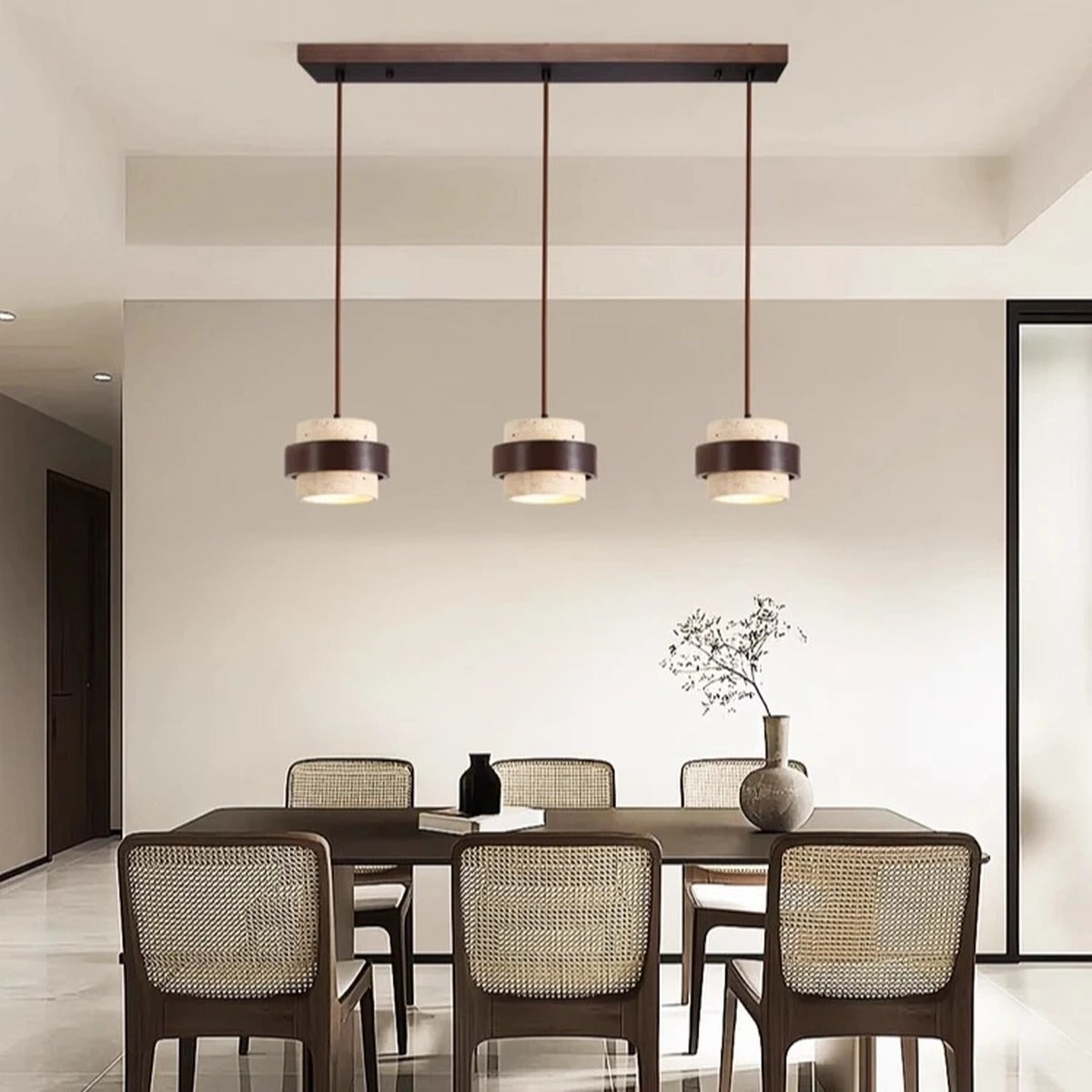 Travertine Drum Pendant Bar Light – Kevorn – Lifestyle over Dining Table