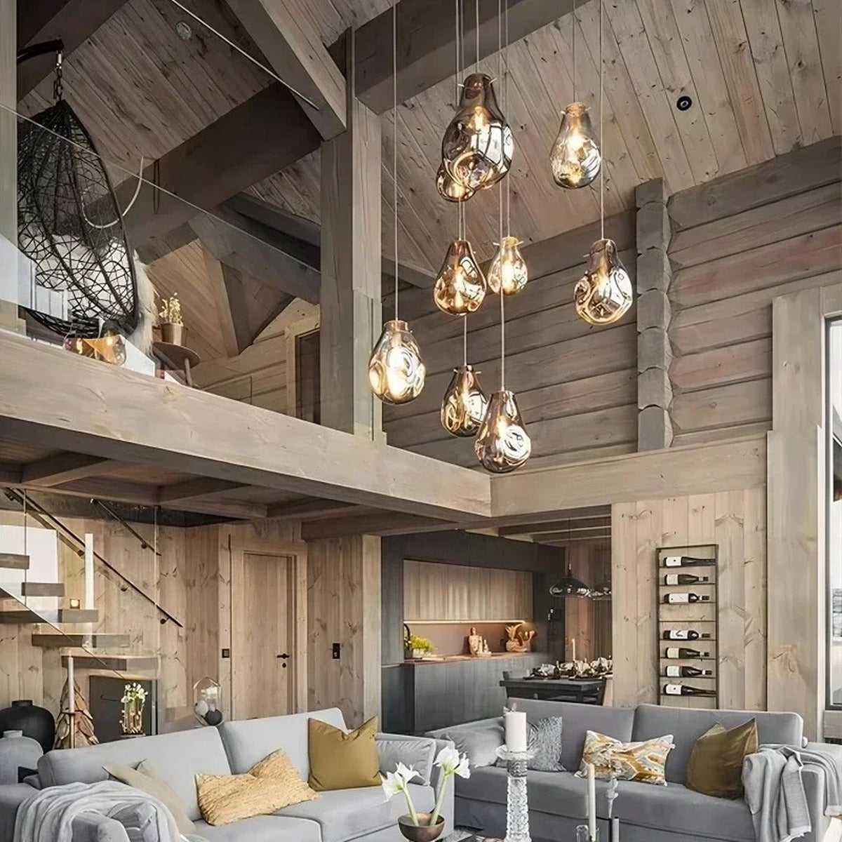 Varvenis Organic Glass Pendant Light – Lifestyle in Wood Cabin Living Room