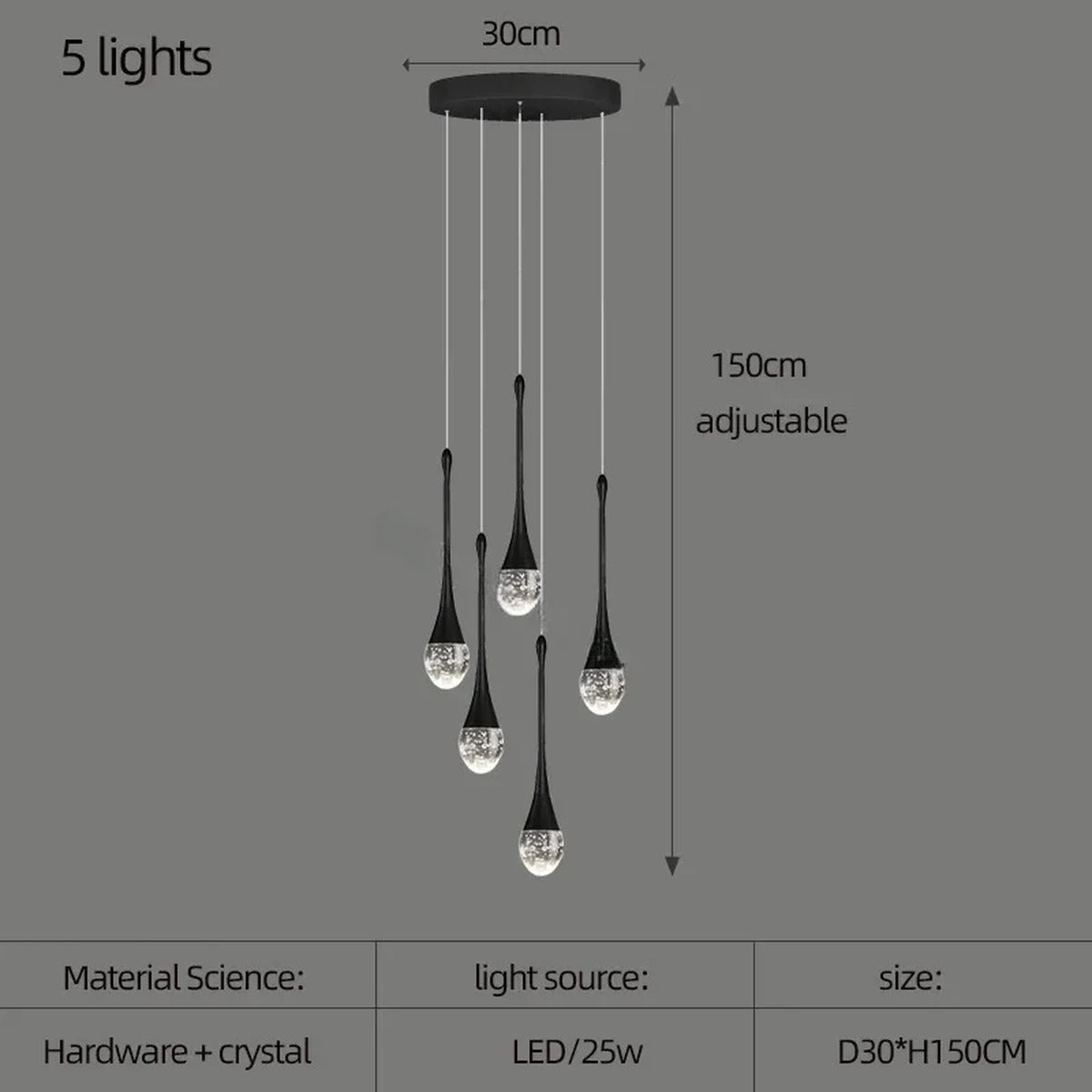 Crystal Raindrop Spiral Chandelier – Lumenvault – Size Chart, 5 Lights