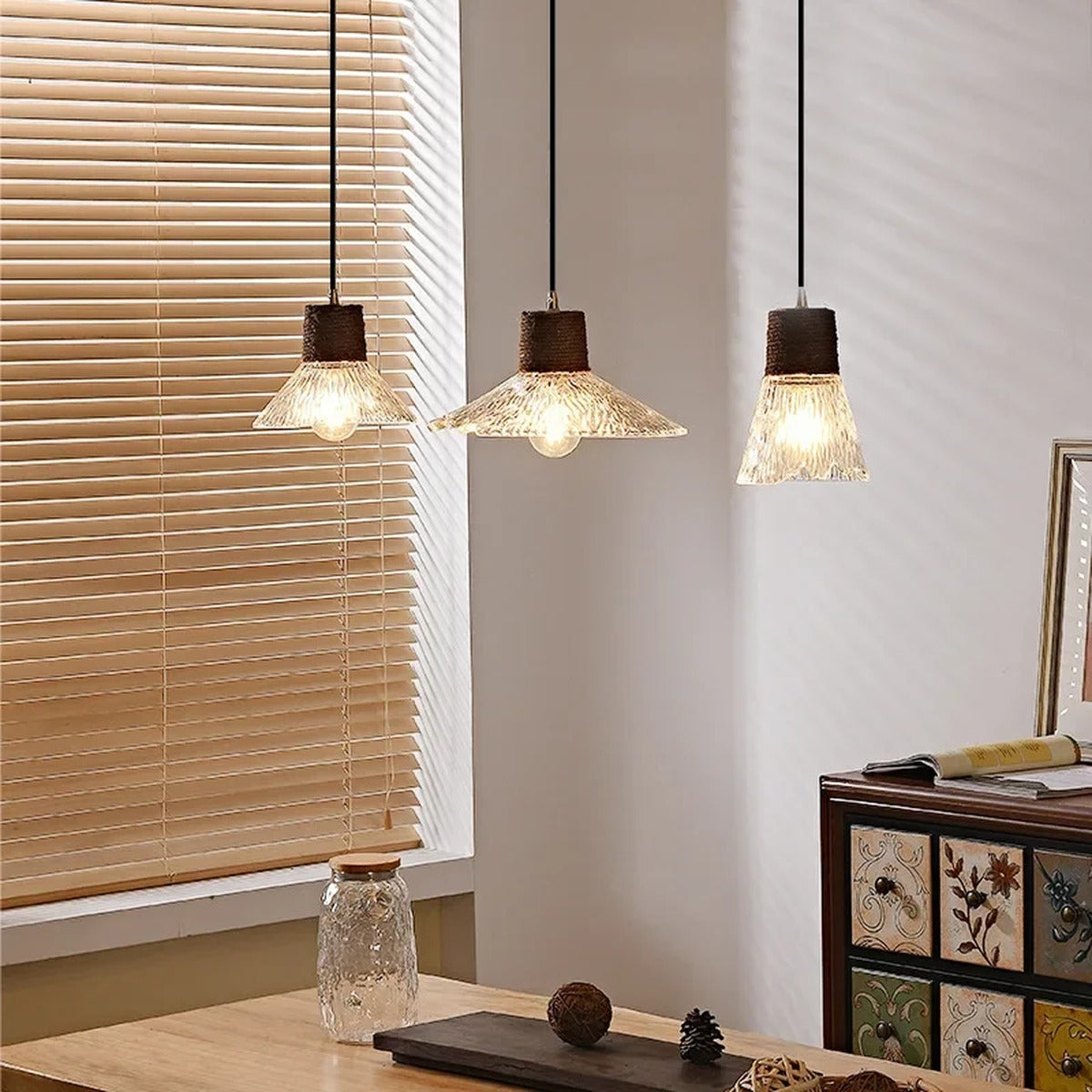 Rope-Collar Ridged Glass Pendant Light – Tevorn – Lifestyle View 2