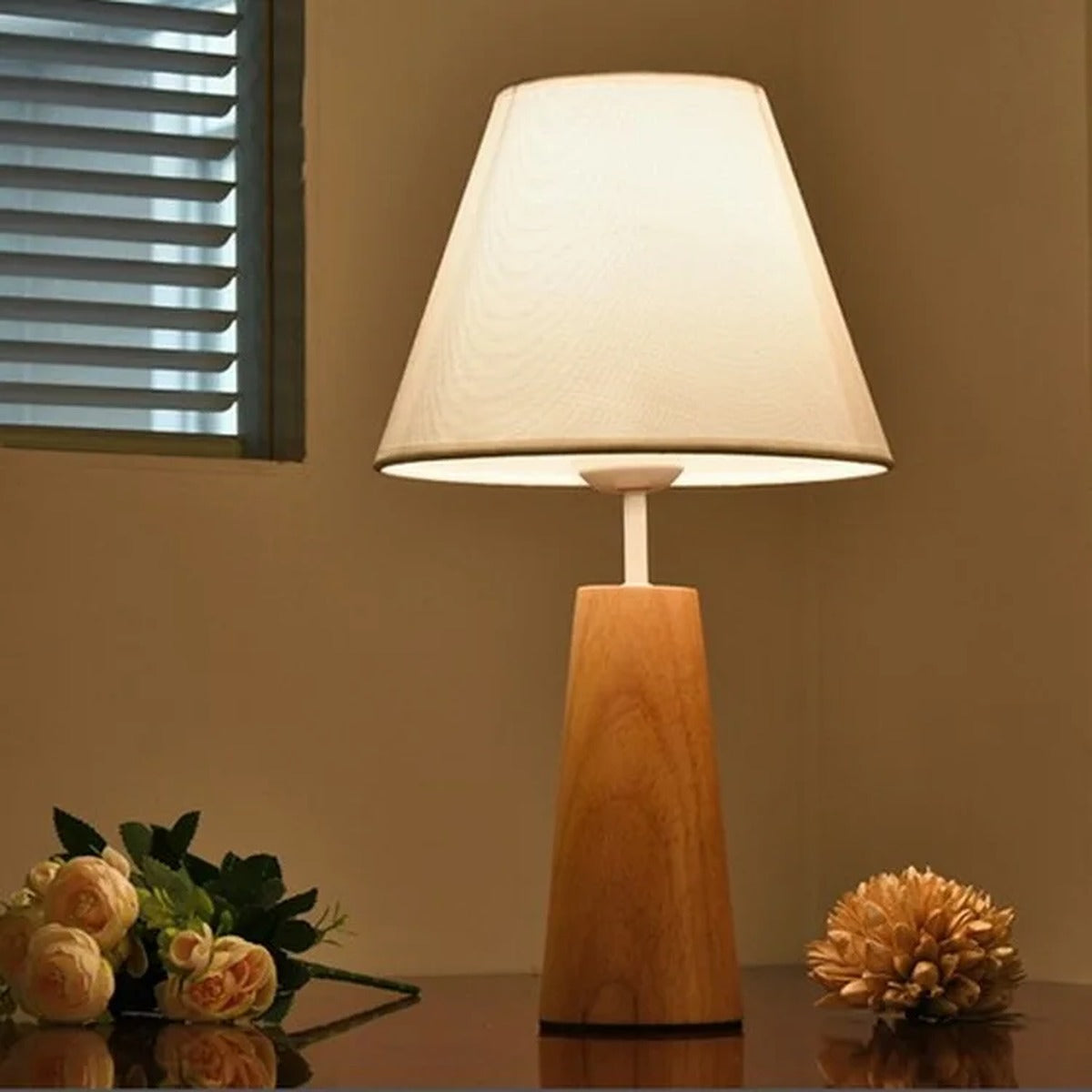 Solid Wood Cone Base Linen Shade Table Lamp – Darlivo – Lifestyle View