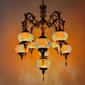Prismex nine-globe Turkish mosaic chandelier — lit, warm glow