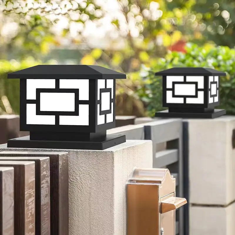 Eonara Lattice design solar pillar lights, daylight pair on garden wall