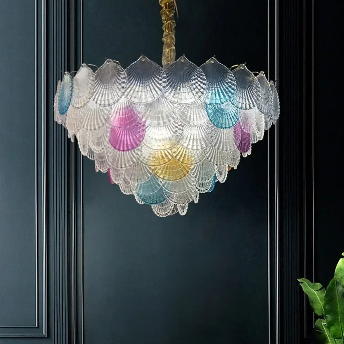 Iridescent Glass Shell Fan Tiered Chandelier – Frostveil – Hero Shot